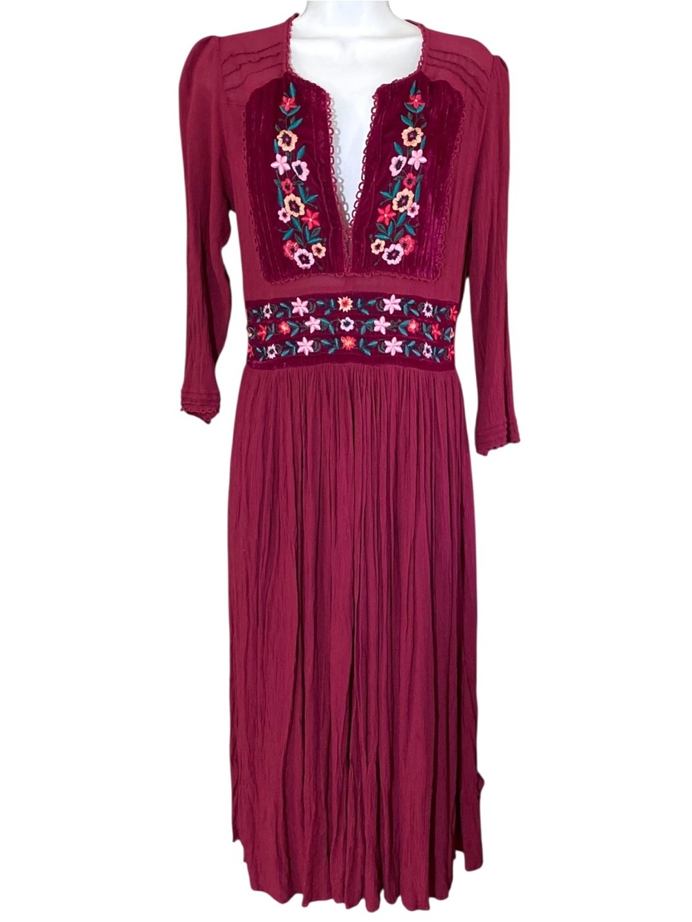 Free People Floral Embroidered Folk Gauzey Midi Dress S Cranberry Red Peasant - Picture 8 of 14